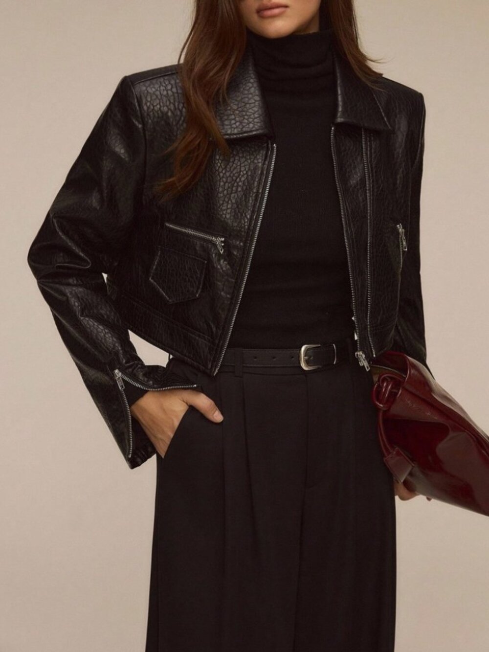 Black Pebbled Faux Leather Zip Front Cropped Moto Jacket
